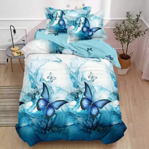 (OFERTA TRIO) Lenjerie pat 1 PERSOANA,  FINET, 4 piese, cu ELASTIC, Albastru, fluturi