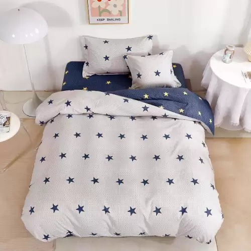 (OFERTA TRIO) Lenjerie pat 1 PERSOANA,  FINET, 4 piese, cu ELASTIC, Albastru, stelute