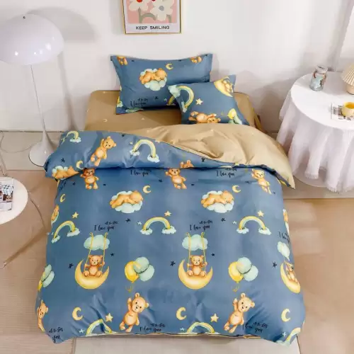 (OFERTA TRIO) Lenjerie pat 1 PERSOANA,  FINET, 4 piese, cu ELASTIC, Albastru, ursuleti, norisori