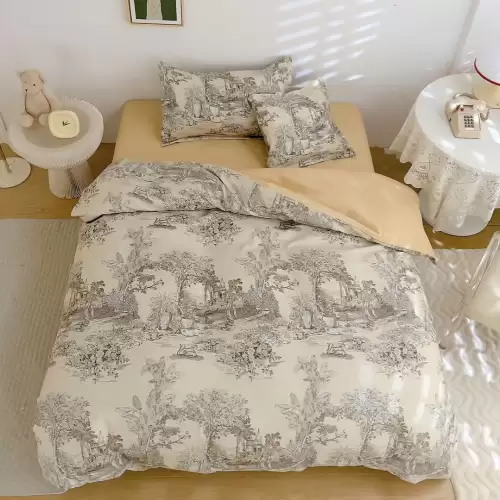 (OFERTA TRIO) Lenjerie pat 1 PERSOANA,  FINET, 4 piese, cu ELASTIC, Bej, copaci