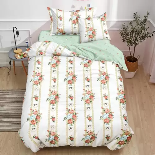 (OFERTA TRIO) Lenjerie pat 1 PERSOANA, FINET, 4 piese, cu ELASTIC, Bej, trandafiri, fundite