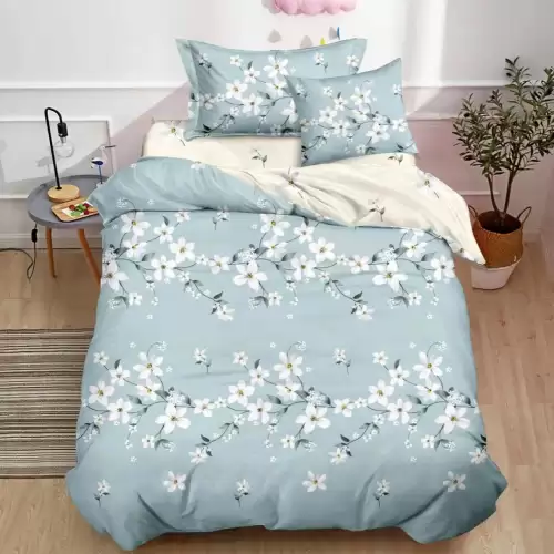 (OFERTA TRIO) Lenjerie pat 1 PERSOANA,  FINET, 4 piese, cu ELASTIC, Bleu, flori