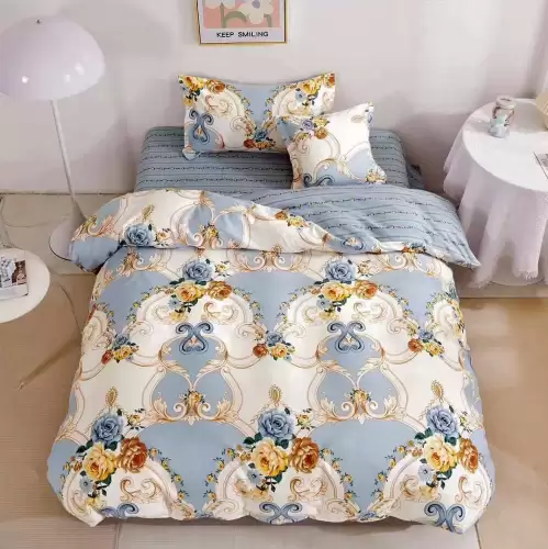 (OFERTA TRIO) Lenjerie pat 1 PERSOANA,  FINET, 4 piese, cu ELASTIC, Bleu, flori