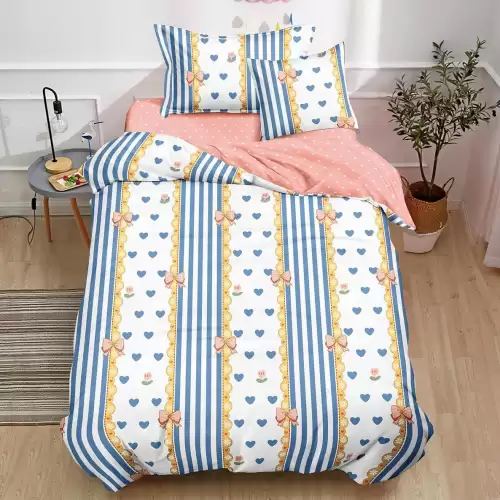 (OFERTA TRIO) Lenjerie pat 1 PERSOANA,  FINET, 4 piese, cu ELASTIC, Bleu, inimioare, fundite