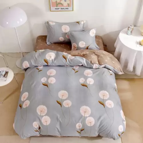 (OFERTA TRIO) Lenjerie pat 1 PERSOANA,  FINET, 4 piese, cu ELASTIC, Bleu-Maro, papadii