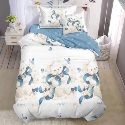 (OFERTA TRIO) Lenjerie pat 1 PERSOANA,  FINET, 4 piese, cu ELASTIC, Bleu, ursuleti