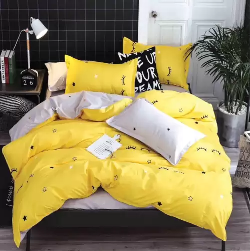 (OFERTA TRIO) Lenjerie pat 1 PERSOANA, FINET, 4 piese, cu ELASTIC, Galben, gene, stelute