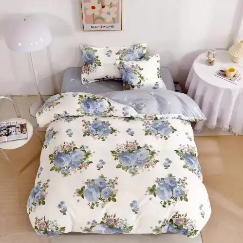 (OFERTA TRIO) Lenjerie pat 1 PERSOANA,  FINET, 4 piese, cu ELASTIC, Gri, flori