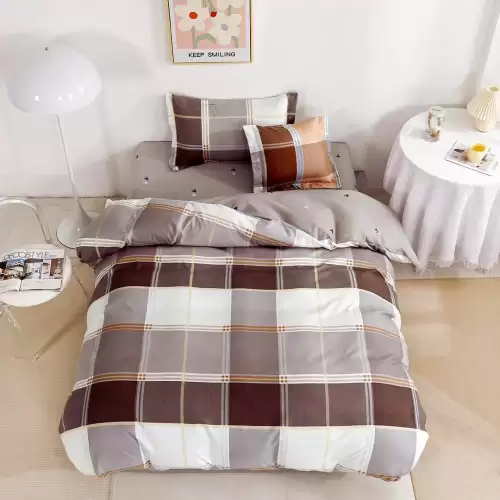 (OFERTA TRIO) Lenjerie pat 1 PERSOANA, FINET, 4 piese, cu ELASTIC, Maro, carouri