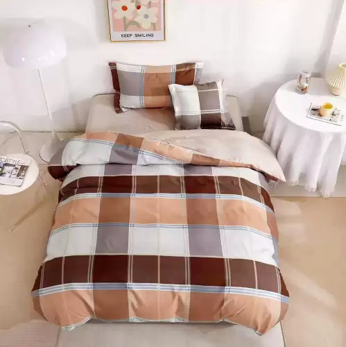 (OFERTA TRIO) Lenjerie pat 1 PERSOANA,  FINET, 4 piese, cu ELASTIC, Maro, carouri