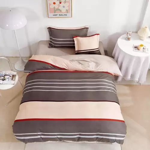 (OFERTA TRIO) Lenjerie pat 1 PERSOANA,  FINET, 4 piese, cu ELASTIC, Maro, dungi