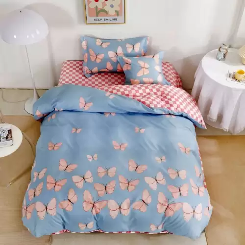 (OFERTA TRIO) Lenjerie pat 1 PERSOANA,  FINET, 4 piese, cu ELASTIC, Roz-Bleu, fluturi