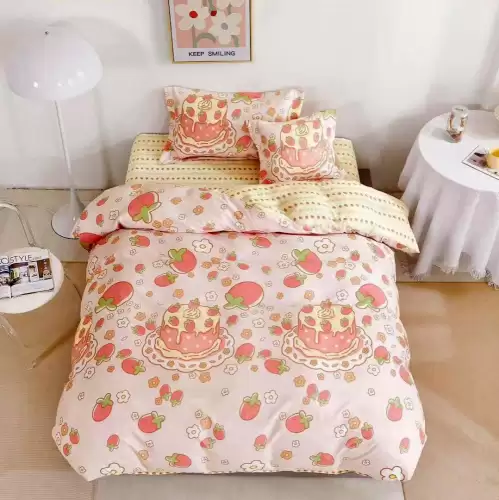 (OFERTA TRIO) Lenjerie pat 1 PERSOANA,  FINET, 4 piese, cu ELASTIC, Roz, flori, capsuni