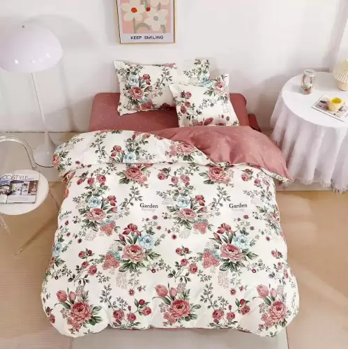 (OFERTA TRIO) Lenjerie pat 1 PERSOANA,  FINET, 4 piese, cu ELASTIC, Roz pudra, flori