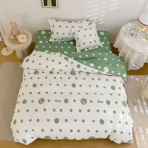 (OFERTA TRIO) Lenjerie pat 1 PERSOANA,  FINET, 4 piese, cu ELASTIC, Verde, buline