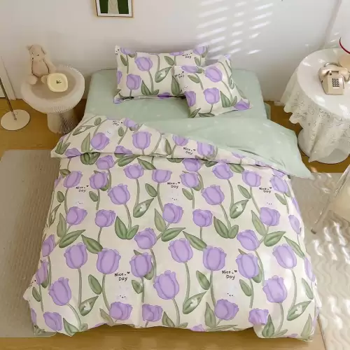 (OFERTA TRIO) Lenjerie pat 1 PERSOANA,  FINET, 4 piese, cu ELASTIC, Verde-Lila, lalele, iepurasi