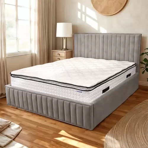 Pat tapitat cu lada de depozitare si cadru metalic, 120x200- Alma