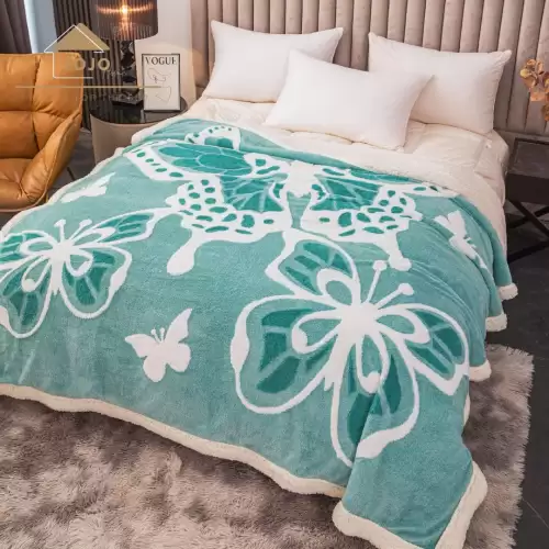 Patura CoCoLiNo cu blanita, 200x230cm, Jojo Home, Turquoise, Alb, Fluture