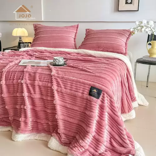 Patura CoCoLiNo cu blanita Sherpa, 200x230cm, cu Fermoar, cu 2 fete de perna 50x70cm, Jojo Home, Dungi, Roz