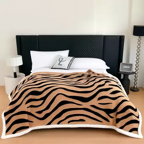 Patura Cocolino Groasa cu Blanita Sherpa, 200x230 cm, Zebra, Bej deschis