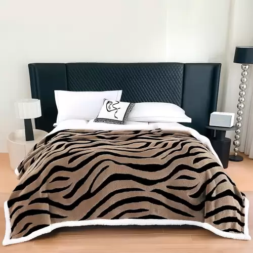 Patura Cocolino Groasa cu Blanita Sherpa, 200x230 cm, Zebra, Bej inchis