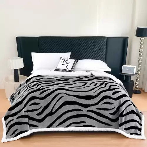 Patura Cocolino Groasa cu Blanita Sherpa, 200x230 cm, Zebra, Gri Albastrui