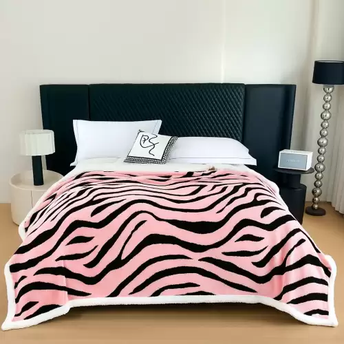 Patura Cocolino Groasa cu Blanita Sherpa, 200x230 cm, Zebra, Roz deschis