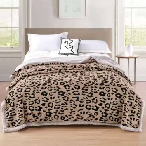 Patura Cocolino Groasa, cu Fermoar, cu Blanita Sherpa Gri, 200x230 cm, Leopard, Bej