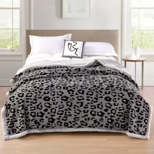 Patura Cocolino Groasa, cu Fermoar, cu Blanita Sherpa Gri, 200x230 cm, Leopard, Gri
