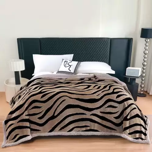 Patura Cocolino Groasa, cu Fermoar, cu Blanita Sherpa Gri, 200x230 cm, Zebra, Bej inchis