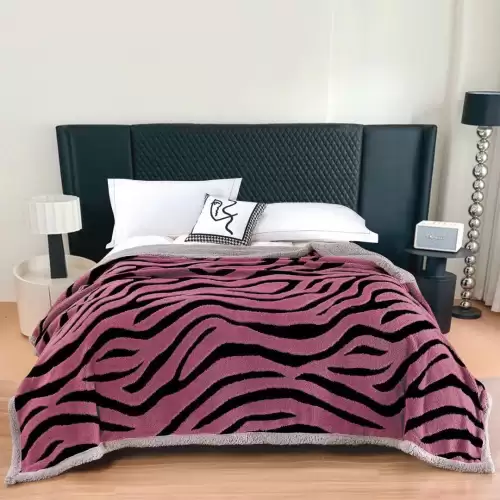 Patura Cocolino Groasa, cu Fermoar, cu Blanita Sherpa Gri, 200x230 cm, Zebra, Roz Inchis