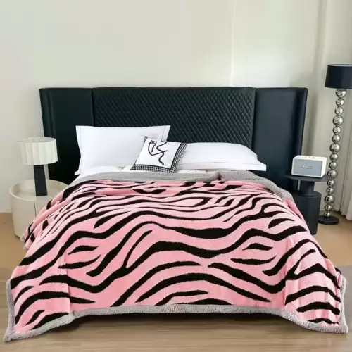 Patura Cocolino Groasa, cu Fermoar, din Blanita Sherpa, Gri, 200x230cm, Zebra, Roz Deschis