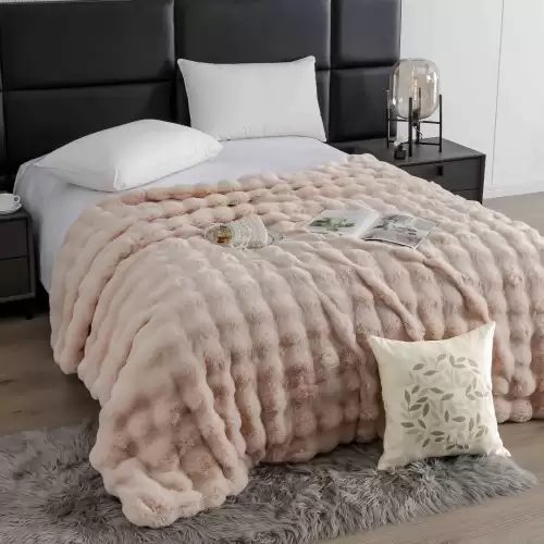 Patura Luxury Soft Touch, Jojo Home, cu Blanita Artificiala Tip Iepure, 200x230 cm, cu Fermoar, Turquoise