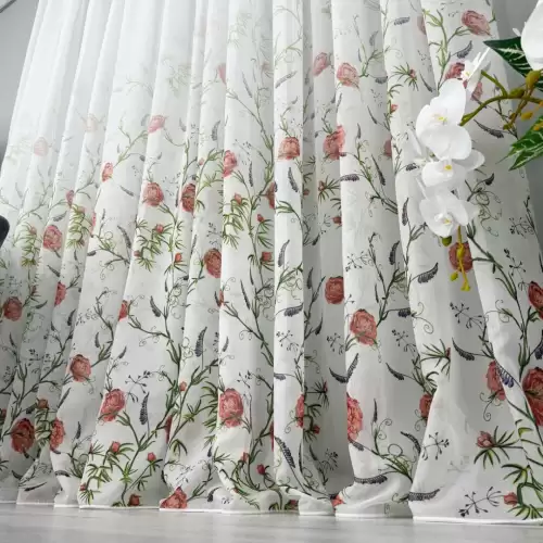 Perdea din Voal imprimat, Alb, model floral, 140cm latime x 260cm inaltime, cu rejansa pt bara
