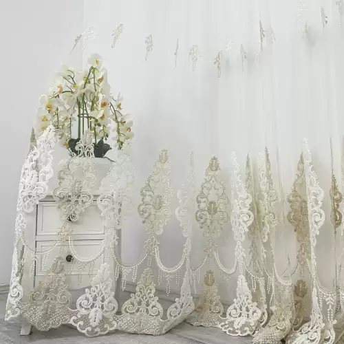 Perdea Emerald din Tulle cu Broderie, model elegant, Alb - Bej, 140cm latime x 260cm inaltime, cu rejansa pt bara