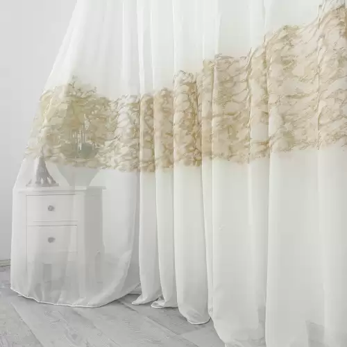 Perdea Evelyn din Voal Brodat, model cu frunze, Ivoire - Maro, 140cm latime x 260cm inaltime, cu rejansa pt bara