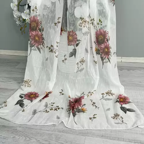 Perdea pentru Bucatarie tip IN imprimat, Alb cu flori de toamna, 140cm latime x 200cm inaltime, cu rejansa pt bara