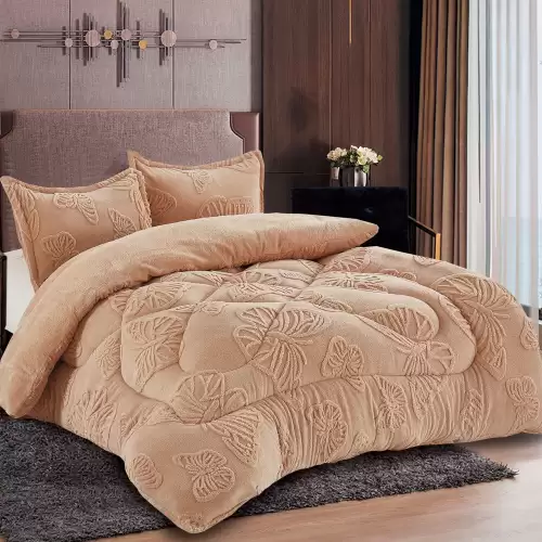 Pilota Cocolino gofrat 3D fluturi, cu blanita asortata, 200x230cm si 2 fete de perna 50x70cm, Bej