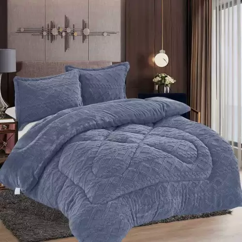 Pilota Cocolino gofrat 3D tricotaj, cu blanita asortata, 200x230cm si 2 fete de perna 50x70cm, Gri albastrui