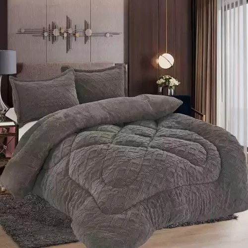 Pilota Cocolino gofrat 3D tricotaj, cu blanita asortata, 200x230cm si 2 fete de perna 50x70cm, Gri inchis