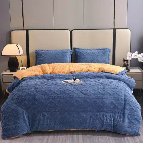 Pilota CoCoLiNo Sherpa tip Tricotaj cu blanita bej, matlasata, 200x230cm + 2 fete de perna 50x70cm, albastru