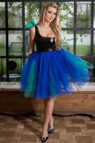 Rochie cu corset si tulle, Negru cu Albastru, Baby Doll