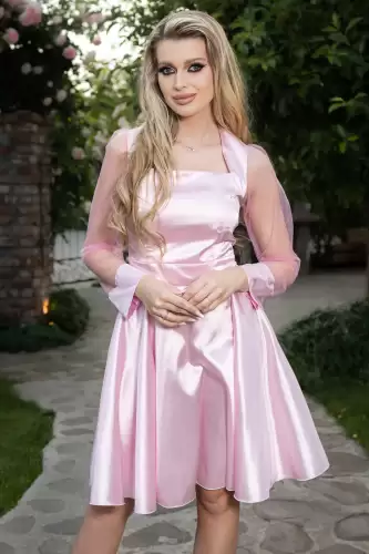 Rochie cu maneci din satin si tulle, Roz, Xara