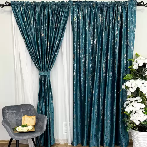 Set 2 Draperii Catifea CRETA cu insertii aurii, Turquoise - V6, 140cm latime x 260cm inaltime, cu tiv lat
