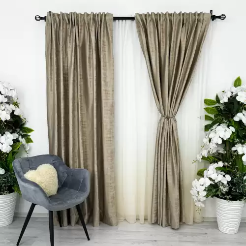 Set 2 Draperii Catifea cu model Venti, Bej Nisip, 140cm latime x 260cm inaltime, cu tiv lat