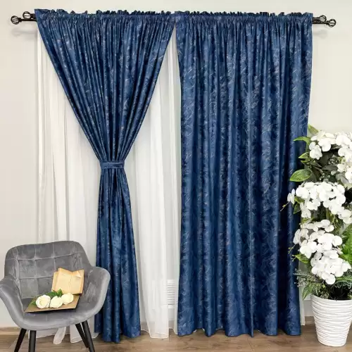 Set 2 Draperii Catifea MYKONOS cu valuri rafinate aurii, Albastru royal - V29, 140cm latime x 260cm inaltime, cu tiv lat pat bara