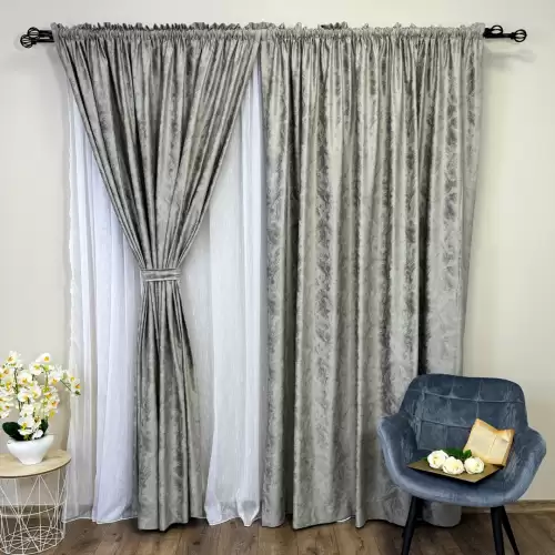 Set 2 Draperii Catifea MYKONOS cu valuri rafinate aurii, Grej - YNS33-23, 140cm latime x 260cm inaltime, cu tiv lat pt bara