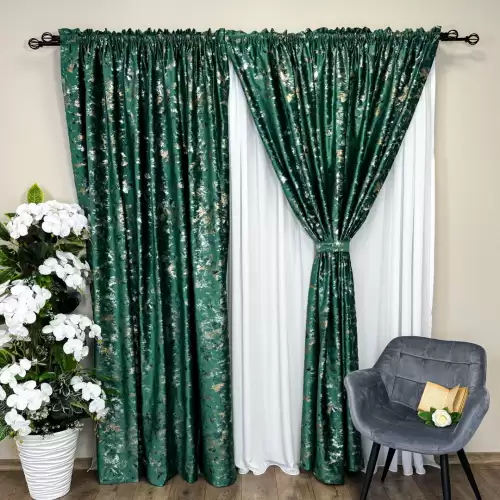Set 2 Draperii Catifea Nikko cu insertii aurii - 2m latime x 2.50m inaltime x Tiv lat, Verde Smarald - V12