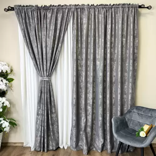 Set 2 Draperii din Jacquard model Nisip, 140cm latime x 260cm inaltime, cu TIV LAT, GRI MEDIU