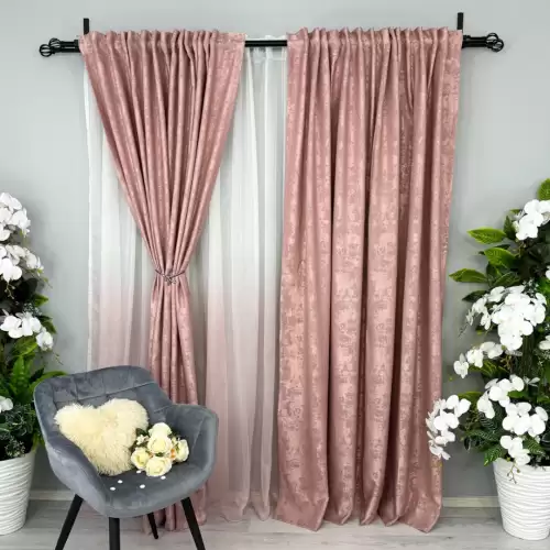 Set 2 Draperii din Jacquard model Nisip, Roz pudra, 140cm latime x 260cm inaltime, cu tiv lat pt bara
